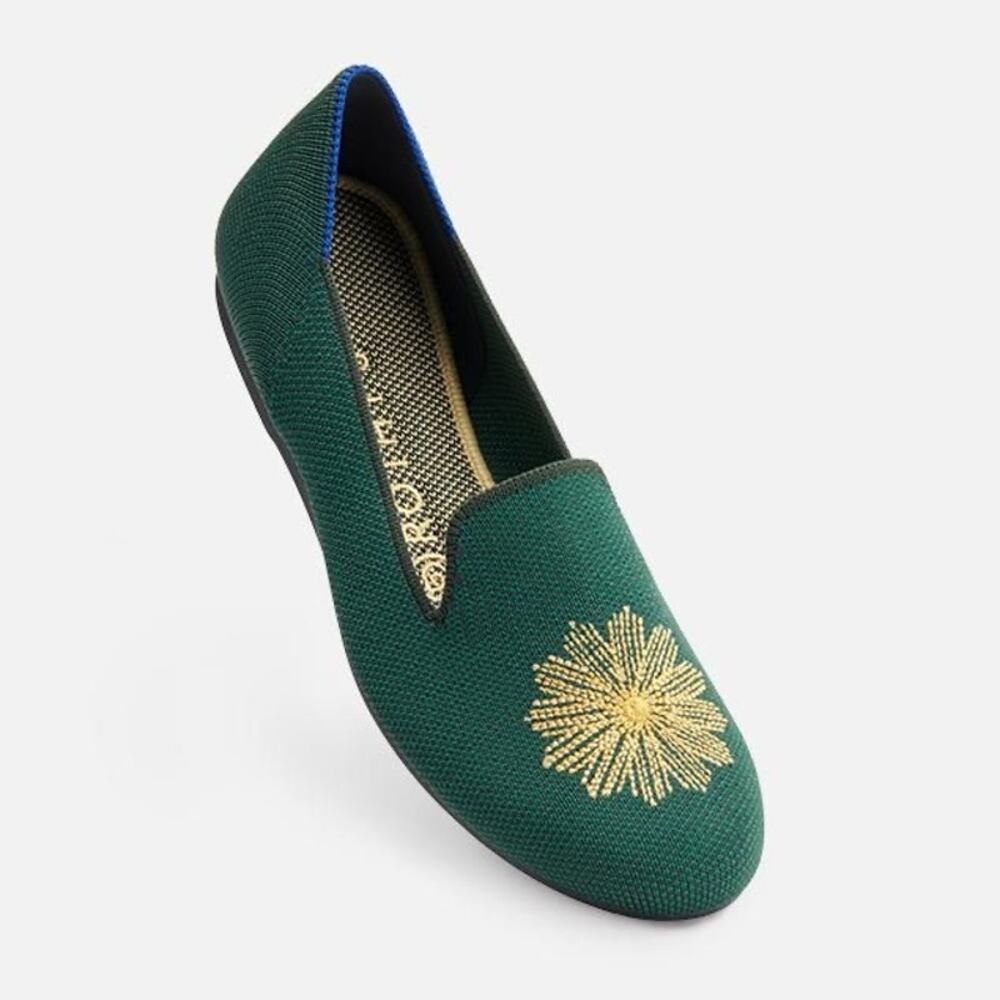 Rothy's Sz 4 Evergreen Holiday Sunburst Gold Flower Embroidered Slip On Loafers